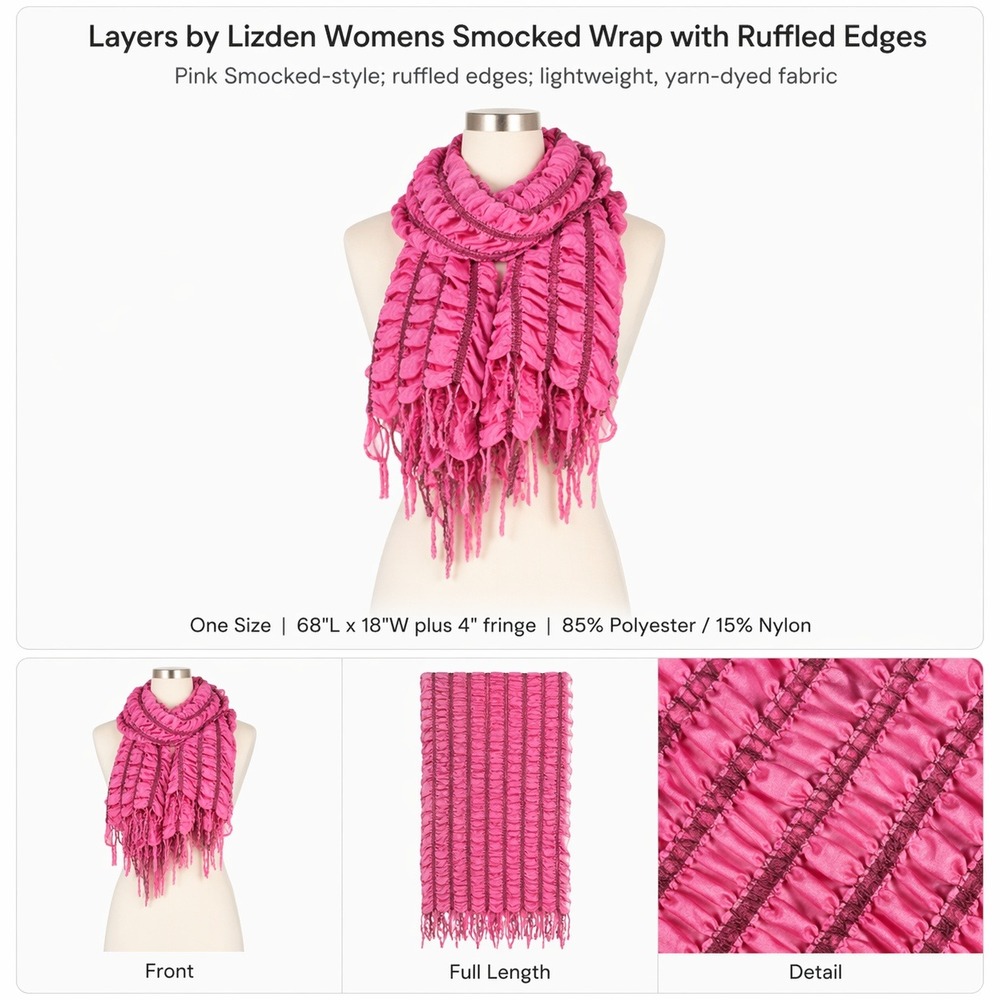 Layers by Lizden Womens Smocked Wrap Scarf Pink Ruffled Fringe Lightweight 68x18